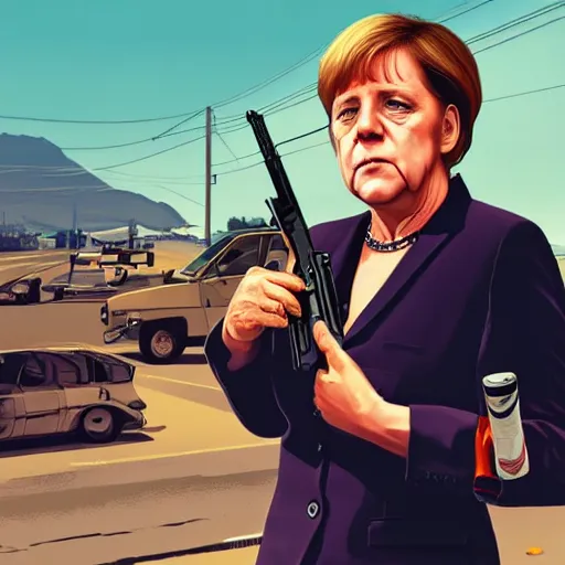 Prompt: Angela Merkel in GTA V, holding gun, smoking cigarette, cover art by Stephen Bliss, artstation, no text