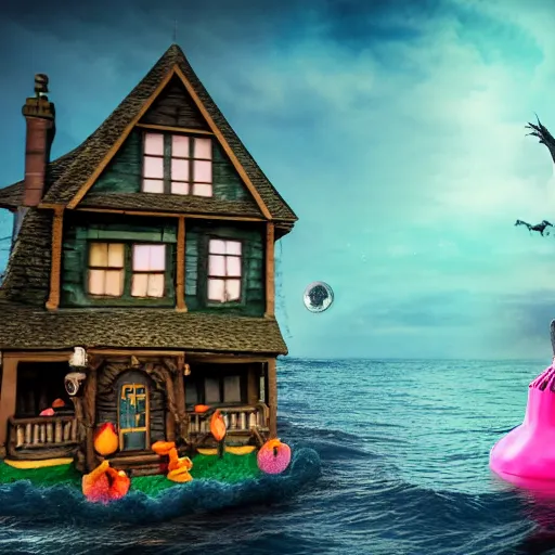 Prompt: a scary witch in front of a witche house made out of candy, floating on the ocean, epic scene, fantasy, cinematic, redshift render, cgi, hyper - detailed, photo - bash, 8 k post - production, masterpiece