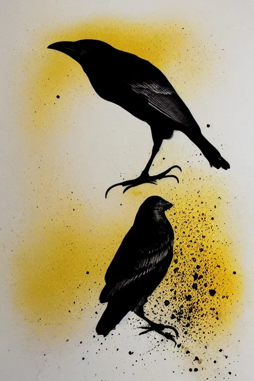 Prompt: beautiful serene smart crow, healing through motion, minimalistic golden ink airbrush painting on white background