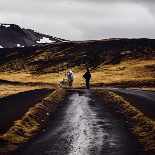 Image similar to Man and woman walking together, Iceland landscape, phone photo, 12mpx