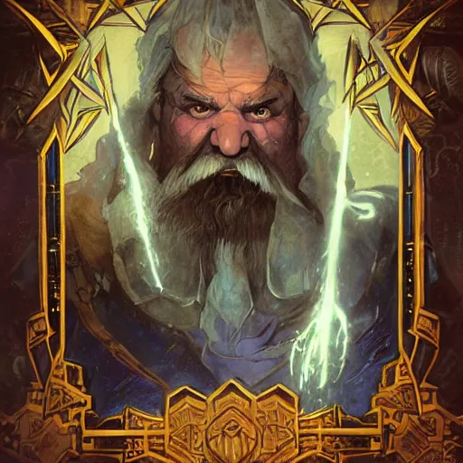 Image similar to Kalgor of the crystal caves. Dwarven explorer. Epic portrait by james gurney and Alfonso mucha (lotr, witcher 3, dnd, dragon age).