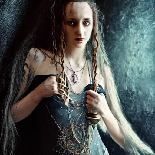 Image similar to oil art of Hermione in tattoos conjuring with a magic wand, by luis royo art, dressed beautiful gown, beautiful eyes, Beautiful face, by Aggi Erguna, high detail, high resolution, art from harry potter, by David Lazar and Annie Leibovitz 500px photos, top cinematic lighting , cinematic mood, very detailed