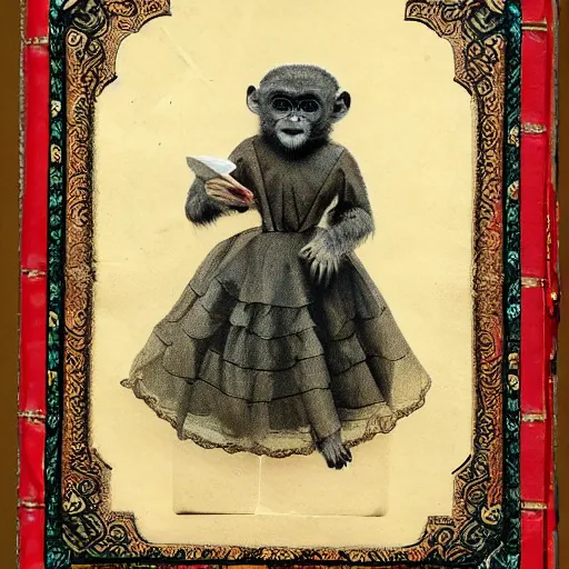 Prompt: paranormal monkey wearing a victorian dress