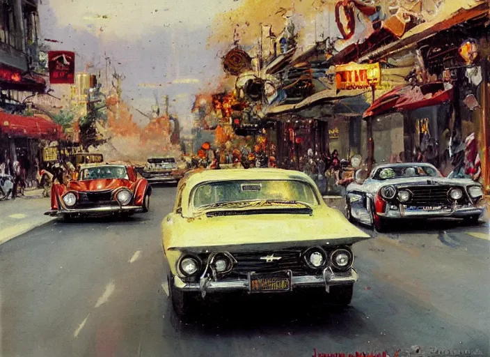 Image similar to hotrods driving down a street , vintage, highly detailed, 4K, by John Berkey