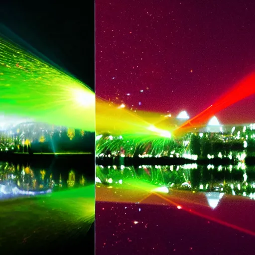 Image similar to collage, lasers and smoke over a lake in the nightime