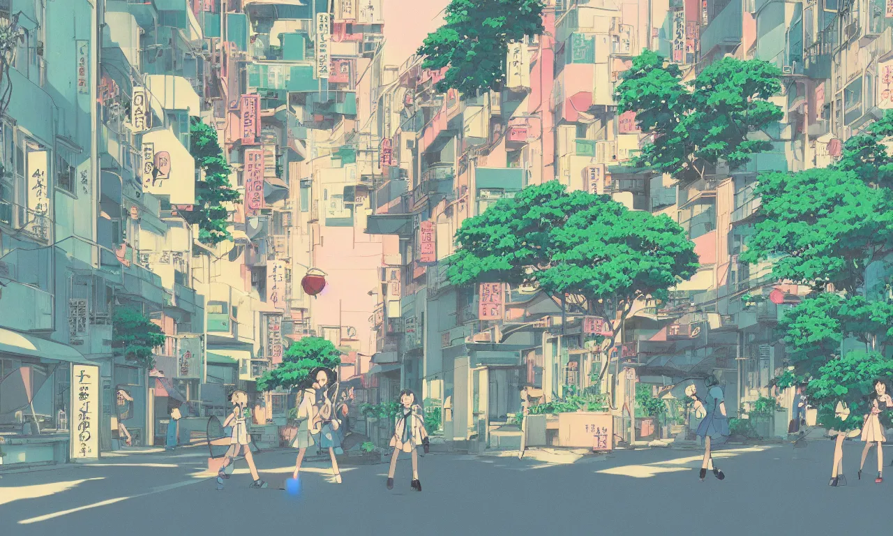 Prompt: A cute aesthetic still frame from an 80's anime, Studio Ghibili, Kyoto animation studio, minimal street in Japan with lush plants, sun set, tall buildings, girl walking with umbrella