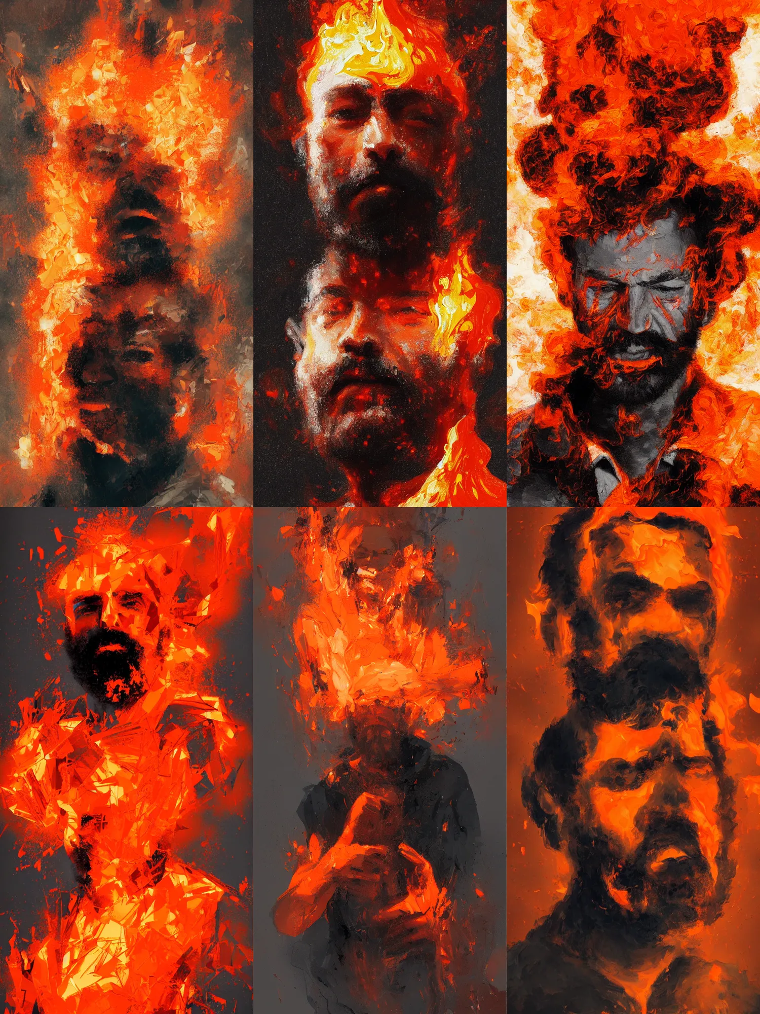 Prompt: abstract painting of man engulfed in flames, handsome. Bearded. by craig mullins, featured on artstation. Portrait. Soviet era pose. Orange. Pain