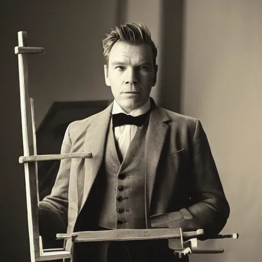 Image similar to ewan mcgregor is dressed as a gentleman at early 2 0 th century paris. he is standing next to an easel. that easel has a canvas on it.