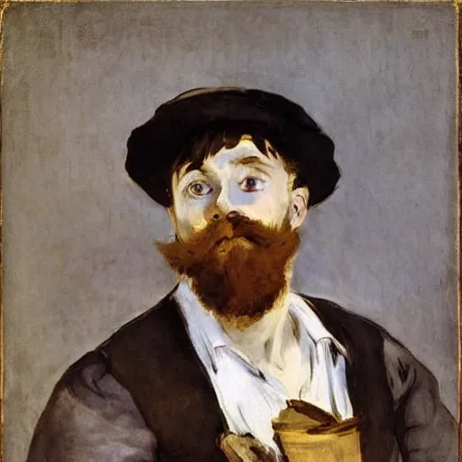 Image similar to A traveling merchant with a huge backpack full of wares. Fantasy, painted by Manet, portrait.