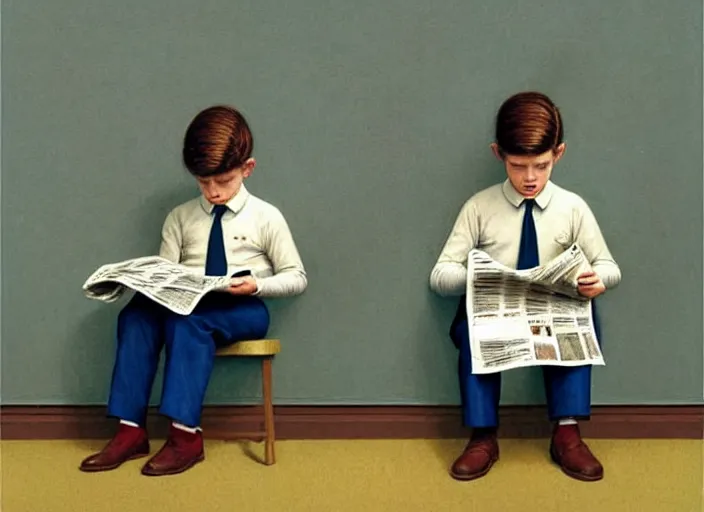 Image similar to a very boring day in school, kids wearing identical clothes reading newspapers, painting by quint buchholz and ray caesar, muted colors, gray, dull, boring, low energy, pale blue faces, very detailed