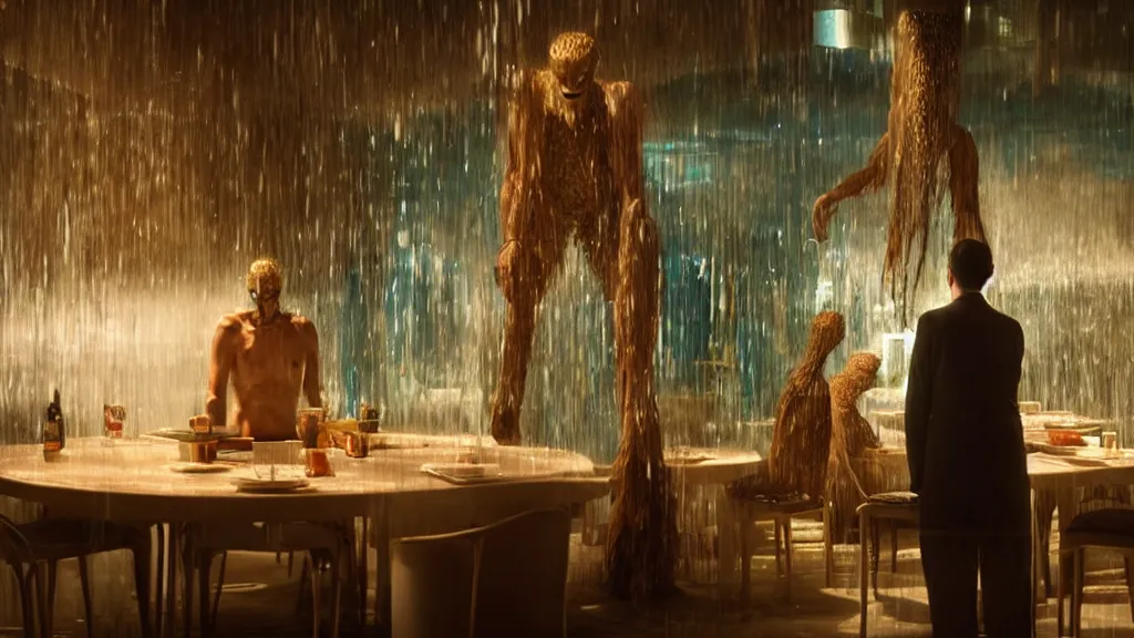 Image similar to the tall strange creature helps customers in the restaurant, made of water, film still from the movie directed by Denis Villeneuve with art direction by Salvador Dalí, wide lens