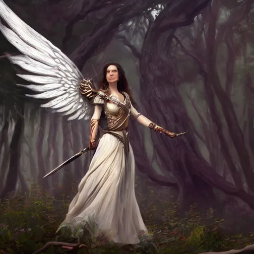 Prompt: A beautiful detailed painting of jennifer connelly as a female angel warrior, wings spread in a magical forest, ray traced sun light, by john sargent and Kalin Popov , Trending on artstation HD.