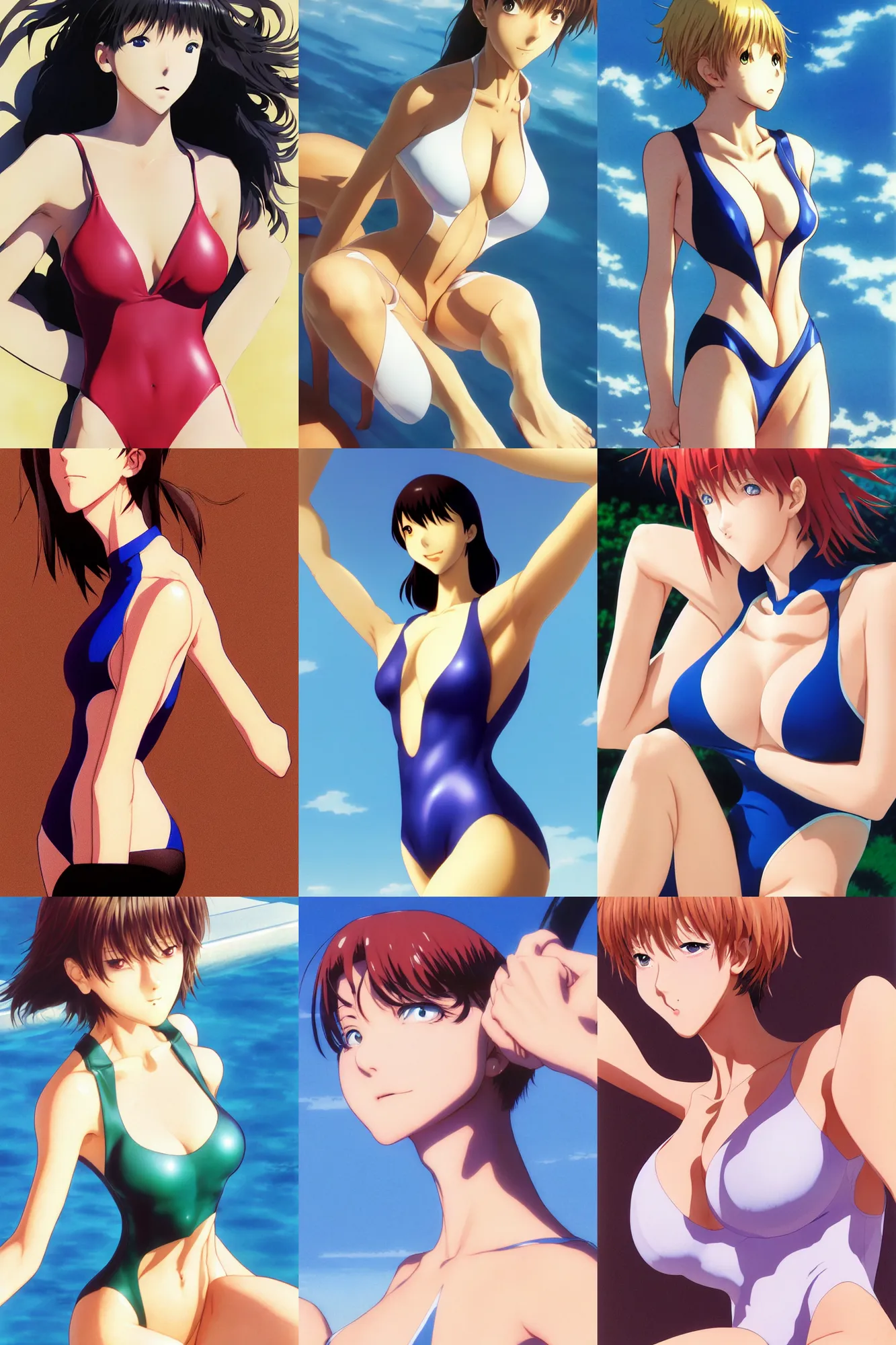 Image similar to close - up, accurately shaped face, volumetric light, posing in one - piece swimsuit. by takashi takeuchi, yoshiyuki sadamoto, amagaitaro, makoto shinkai, krenz cushart, asao urata, pixiv. 9 0 s