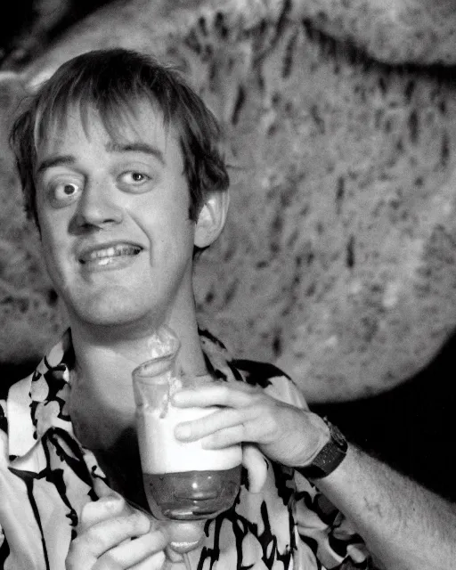 Image similar to rodney trotter drinking milk in a haunted jungle full of cheese at midnight with disco lights and dancing policeman