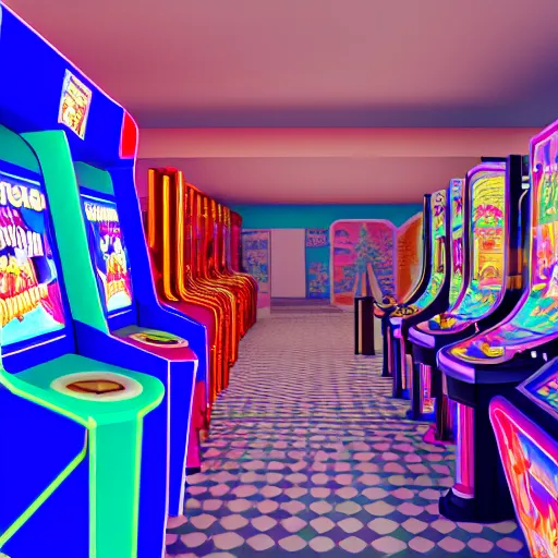 Prompt: inside an arcade, vaporwave 9 0 s dreamy empty, highly detailed, 3 d render, vray, octane, realistic lighting, photorealistic