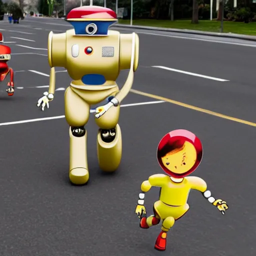 Image similar to in the style of 1960s, A robot is running after kids ,with fully detailed faces, fully detailed , faces in focus ,4k ,HD