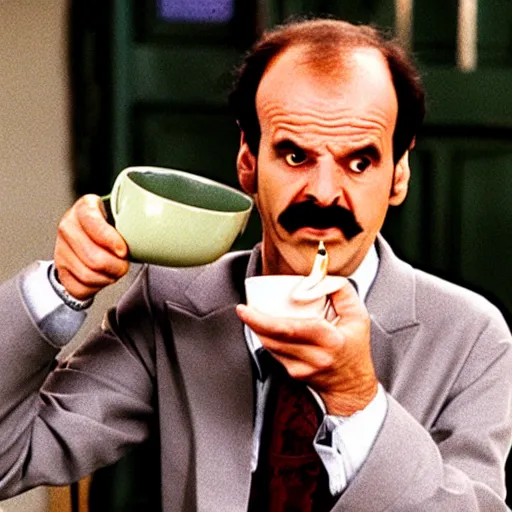 Prompt: a still of basil fawlty drinking a cup of tea