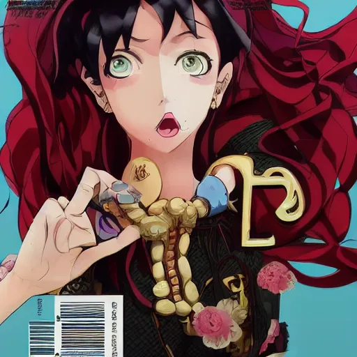 Image similar to Magazine Cover Anime key visual of a Gucci girl; official media; typography; drawn by Hirohiko Araki; Jojo's Bizarre Adventure; Jojolion, portrait, made by Stanley Artgerm Lau, WLOP, Rossdraws, James Jean, Andrei Riabovitchev, Marc Simonetti, Yoshitaka Amano, ArtStation