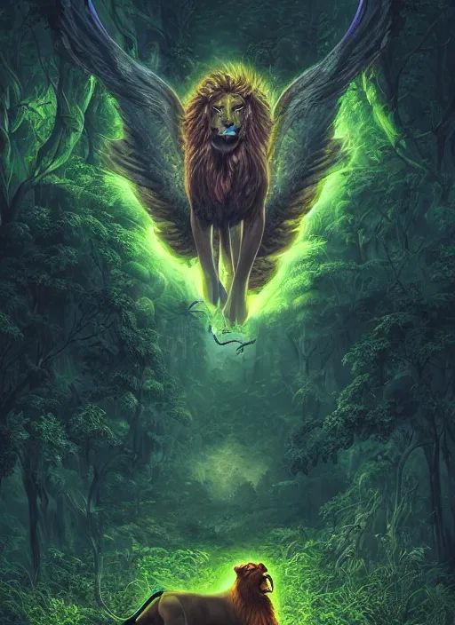 Image similar to portrait of a mythological beast with lion body and bird wings in the middle of a lush forest at night. diffuse neon light, dramatic landscape, fantasy illustration, matte painting