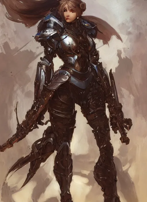 Image similar to character design game art digital 2 d girl medieval cyborg armor by gaston bussiere, anna nikonova aka newmilky, greg rutkowski, yoji shinkawa, yoshitaka amano, tsutomu niehi, donato giancola, geoffroy thoorens, trending on artstation, featured on pixiv