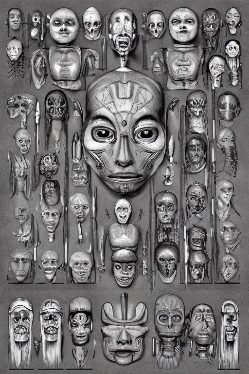 Prompt: mayan facial anatomy with gunmetal grey skin, medical anatomy, very symmetrical face, highly detailed, three - perspective / three - view reference sheet ( front / back / side ), in the style of dan ouellette, steven jung, amanda lilleston, hr giger, sil from species, dren from splice, mecha, artstation, unreal engine