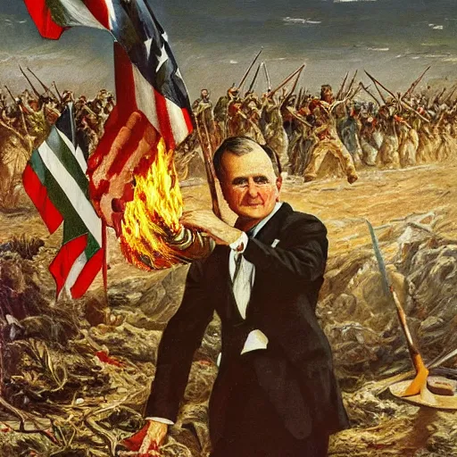 Image similar to George H.W. Bush destroys Iraq, oil on canvas, 1883, highly detailed