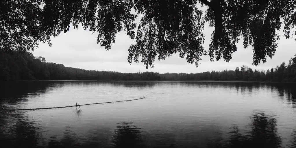 Image similar to a infinitely long rope zig - zagging across the surface of the water into the distance, rope floating submerged rope stretching out towards the center of the lake, a dark lake on a cloudy day, atmospheric, color film, trees in the background, hyper - detailed photo, anamorphic lens