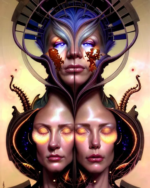 Prompt: a portrait of gemini love and hate fantasy character portrait made of fractals facing each other, ultra realistic, wide angle, intricate details, the fifth element artifacts, highly detailed by peter mohrbacher, hajime sorayama, wayne barlowe, boris vallejo, aaron horkey, gaston bussiere, craig mullins