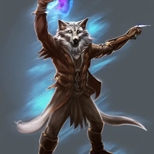 Prompt: wizard is holding a staff as a wolf, dynamic pose, chromatic aberration, medium level shot, fantasy, illustration, concept art,