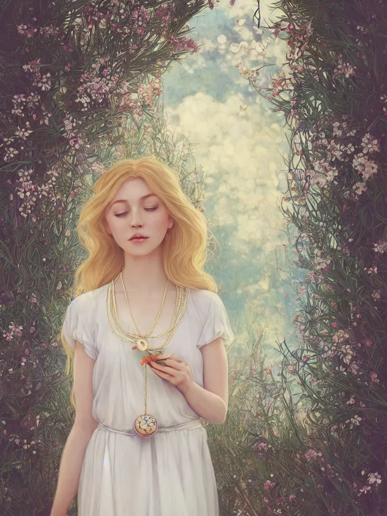 Image similar to a blonde girl in white dress in beautiful window, necklace with a fruit seed ornament, ocean eyes, light freckles, incense smoke and flowers in the background, portrait, mucha, conceptart, medium shot, unreal, octane, symmetrical, photorealism.