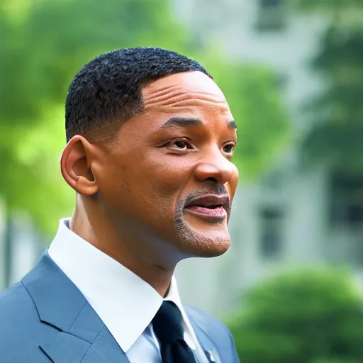 Image similar to a cinematic film still of Will Smith starring as Barack Obama, portrait, 40mm lens, shallow depth of field, close up, split lighting, cinematic
