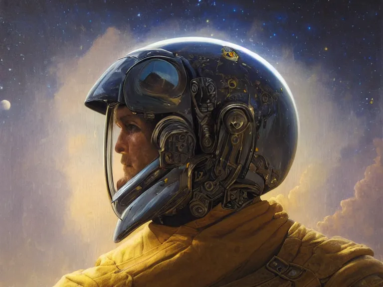 Image similar to a detailed profile oil painting of a lone bountry hunter in a space armour with reflective helmet, cinematic sci-fi poster. technology flight suit, bounty hunter portrait symmetrical and science fiction theme with lightning, aurora lighting clouds and stars by beksinski carl spitzweg and tuomas korpi. baroque elements, full-length view. baroque element. intricate artwork by caravaggio. Trending on artstation. 8k