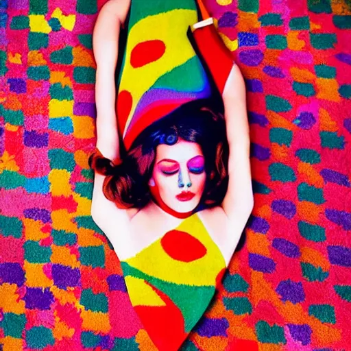 Prompt: a beautiful fashion model laying on a colorful ( ( ( persian rug ) ) ), ( ( ( ( ( wearing a lot of different colorful ties on her body ) ) ) ) )!!!!!. surreal photograph, toiletpaper magazine, 3 5 mm photograph, colourful, by pierpaolo ferrari, maurizio cattelan