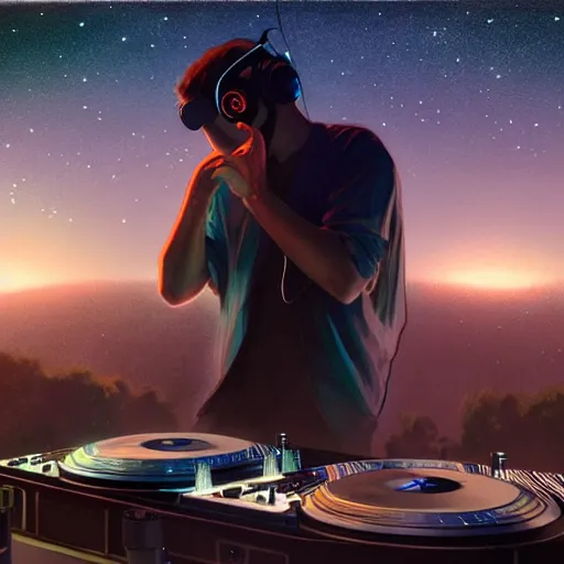 Image similar to A long shot of a man djing at night under the stars, beautiful, digital art, artstation, hyperrealistic, 8k, unreal engine, octane render, trending on artstation, art by Artgerm and Greg Rutkowski and Alphonse Mucha