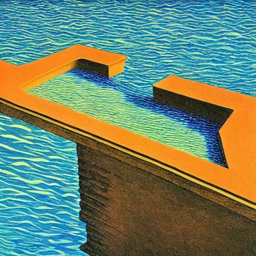 Prompt: M.C. Escher painting of an infinity pool on the edge of the Atlantic Ocean