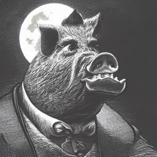 Image similar to closeup portrait of a angry pig in a tuxedo, dramatic lighting, farm background, moon, chiaroscuro, high detail, illustration by gustave dore