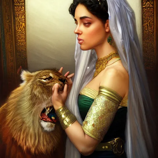 Prompt: a Photorealistic dramatic hyperrealistic render of an arab queen Esther, green eyes, middle Eastern skin, eyes, black hair, white veil, with a pet lion by WLOP,Artgerm,Greg Rutkowski,Alphonse Mucha, Beautiful dynamic dramatic dark moody lighting,shadows,cinematic atmosphere,Artstation,concept design art,Octane render,8K