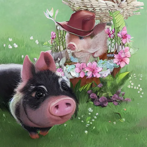 Prompt: cute and adorable miniature piggy pig2 wearing a cute hat on garden during a summer day, highly detailed, digital painting, artstation, concept art, smooth, sharp focus, illustration, art by yee chong and sydney hanson and rossdraws and greg rutkowski