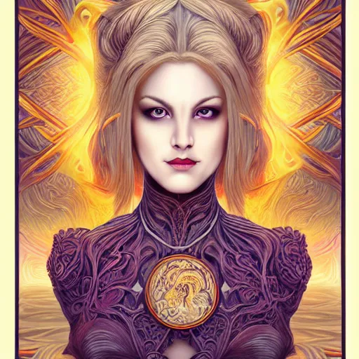 Image similar to head-on symmetrical centered painted portrait, warrior princess, voluminous blonde hair, art nouveau, fractal tarot card style, masterpiece, fantasy, intricate, elegant, highly detailed, smooth, sharp focus, illustration, artstation, in the style of Artgerm and Anna Podedworna and Alex Ross and Mucha