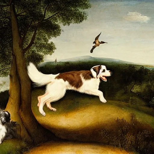 Prompt: Painting of an Australian Shepherd catching a frisbee in the style of Pieter Bruegel