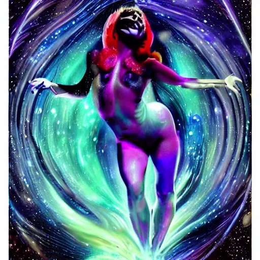 Image similar to lady gaga, lady gaga, lady gaga, galaxies and nebula flowing out of his body, artgerm, psychedelic floral planets