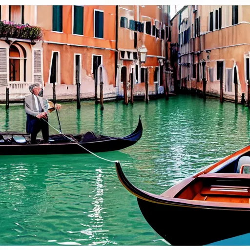 Image similar to a fashionable man driving a riva boat around the the venetian lagoon. kodak portra film photograph. fine art photography. cinematography inspired composition