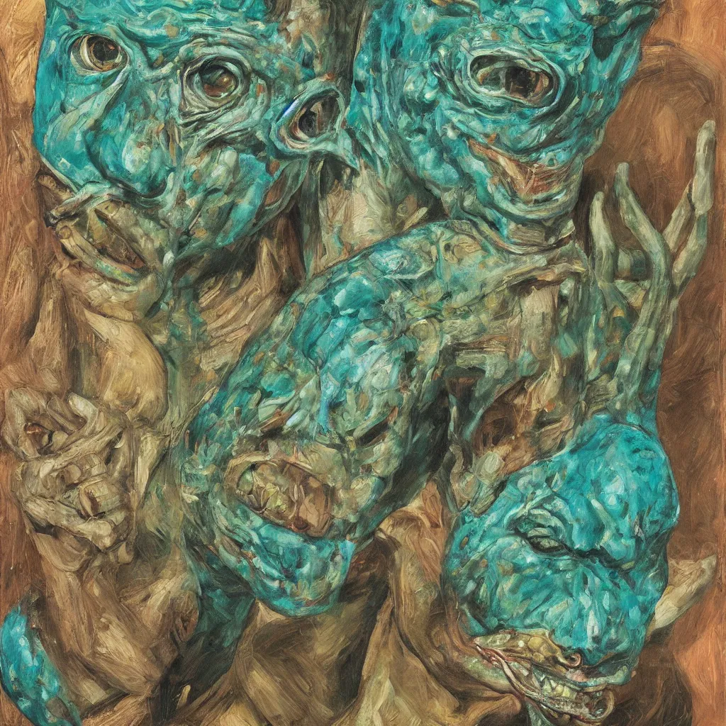 Image similar to high quality high detail painting by lucian freud, jenny savile, unsettling portrait of the lizard man, turquoise, hd