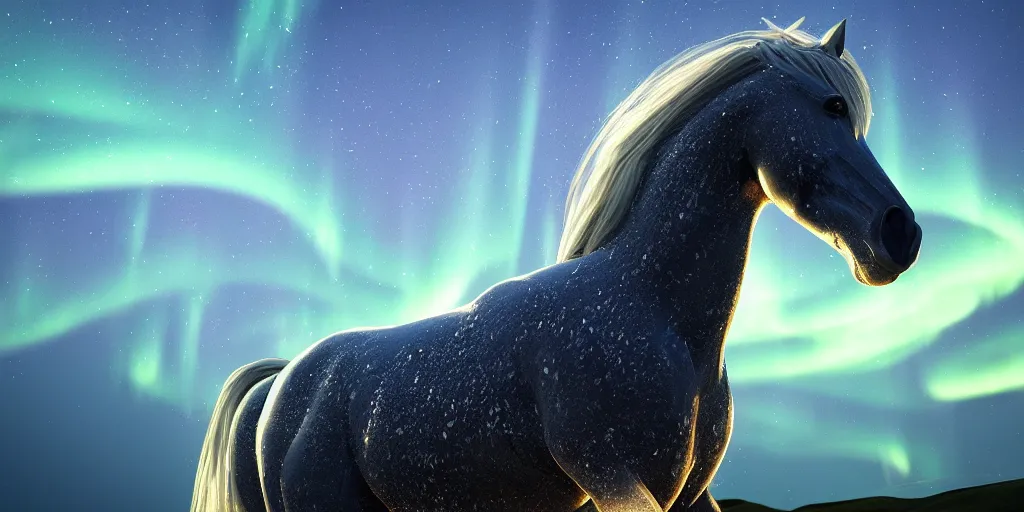 Image similar to beautiful horse made of water, northern lights, night ocean, fjords, moonlit, waves, octane render, artstation, HDR