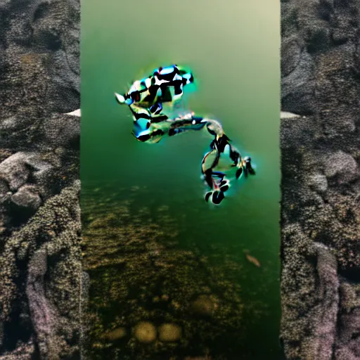 Prompt: semitranslucent smiling frog amphibian jumping over misty lake surface, cinematic shot by Andrei Tarkovsky, jump in composition of Leap into the Void by Yves Klein, paranormal, spiritual, mystical