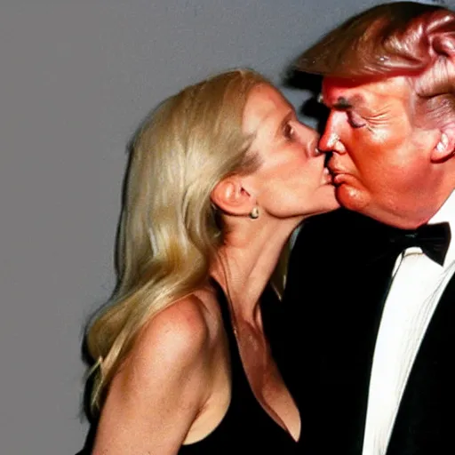 Prompt: donald trump in black tuxedo kissing ann coulter in a nightclub.