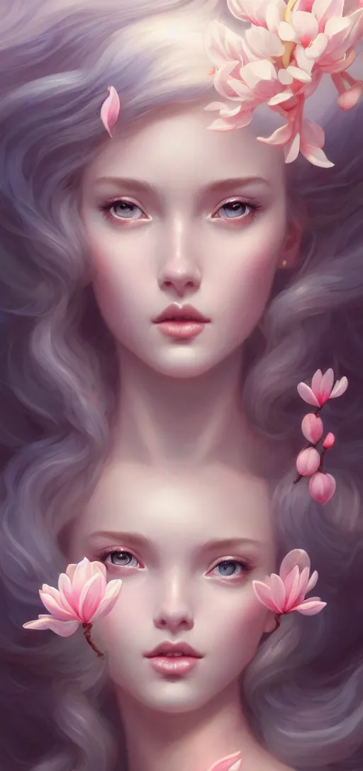 Image similar to character art of a goddess of magnolias as windy dusty underwater angelic young female | | seductive - fine - face, pretty face, key visual, realistic shaded perfect face, fine details by artgerm, wlop, tom bagshaw, james jean, andrei riabovitchev, marc simonetti, trending on artstation