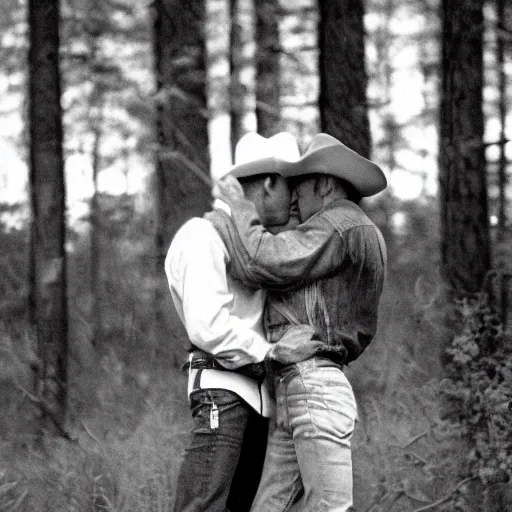 Image similar to cowboys kissing on the woods, 8 0 s, film photograph