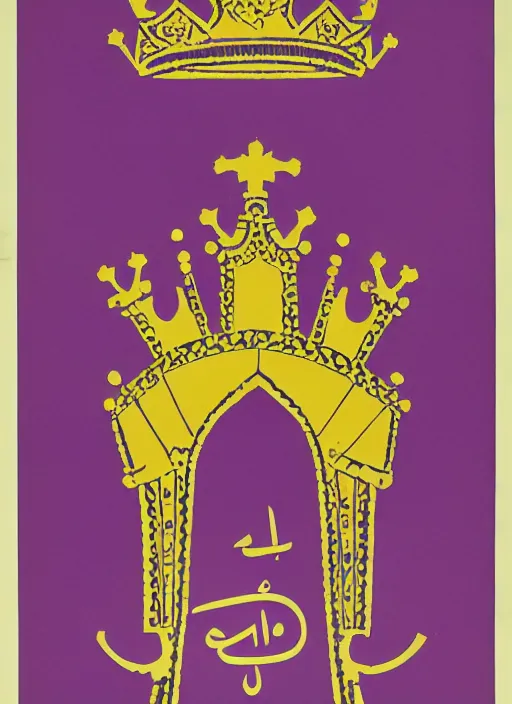 Image similar to Polish posters for Arabic king with long beard wearing purple robes, king's crown, and golden scepter. Screen printed, silkscreen, paper texture. 1968