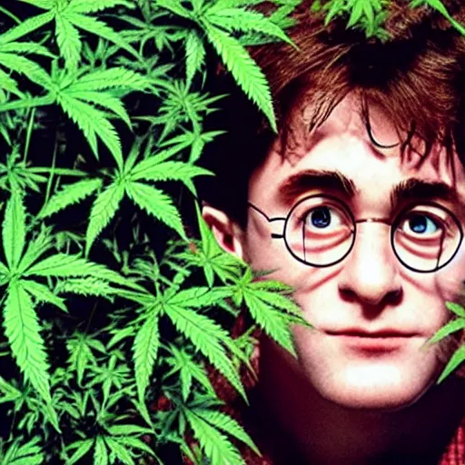 Image similar to harry potter holding a long joint, surrounded by weed plants, jungle of weed plants, red fire eyes, realistic